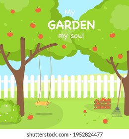Poster With Apple Trees In The Backyard Of The House. Trees With A Rope Swing, Apples And A Rake On The Background Of The Fence. Vector Illustration.