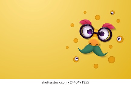 Poster for April Fool's Day. April 1 banner. April Fool's Day with funny glasses in 3D style on a yellow background. Merry spring holiday. Vector illustration.