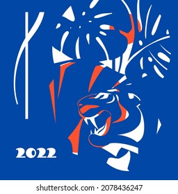 Afiche con un tigre acuático. Banner azul gráfico en estilo de corte de papel.  Patrón para postal, calendario, Feliz Año Nuevo. Año Nuevo Chino 2022, fondo vectorial con el animal.