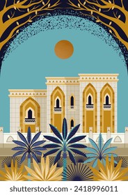 Afiche con arquitectura de ciudades árabes. Cubierta con los edificios y árboles orientales tradicionales. Tarjeta de saludo para celebrar el mes islámico del Ramadán. Eid Mubarak. Dibujo vectorial plano de dibujos animados