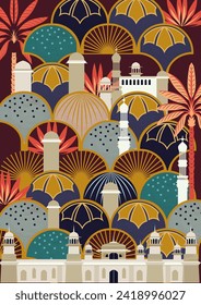 Poster with Arab cities architecture. Cover with oriental buildings, Moroccan mosques and plants. Religious Islamic month of Ramadan. Eid Mubarak celebration. Cartoon flat vector illustration