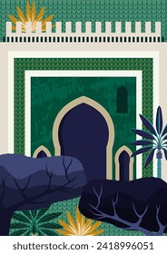 Poster with Arab cities architecture. Greeting card for Eid Mubarak celebration. Ramadan Kareem. Cover with building in oriental style. Islamic religious holiday. Cartoon flat vector illustration