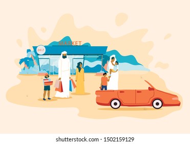 Poster Arab Family in Supermarket Parking Lot. Husband with Wife and Children Dressed Traditional Arabic Clothing. Parents with Children Left Supermarket and go to Car. Vector Illustration.