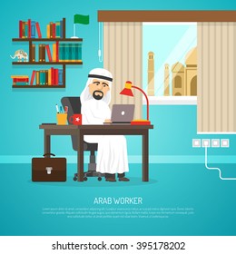 Poster of arab in traditional white clothing working on his notebook in room cartoon vector illustration