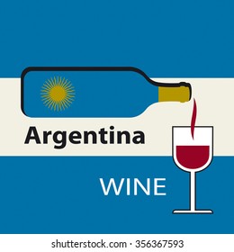 Poster Argentina wine on the background of the flag. A bottle of wine with a wineglass