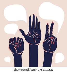 Poster with arms raised up. Open palm, fist, victory gesture. Civil unrest, demands, protection. Vector illustration.