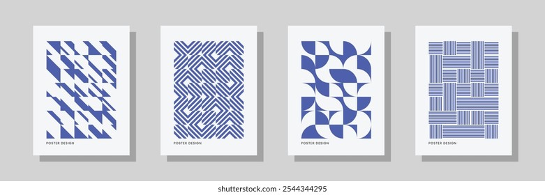 Poster art background template. Retro blue geometric pattern. Abstract shape, line, circle, triangle and square art. Trendy bauhaus pattern background