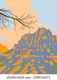 poster art of Zion Canyon and Navajo sandstone mountains in Zion National Park along the Zion Park Blvd in Springdale, Utah, United States done in works project administration style.