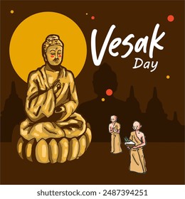 poster asset for the Buddhist holiday, Vesak celebration day, with a large golden Buddha statue and praying monks decorated with flying lanterns
