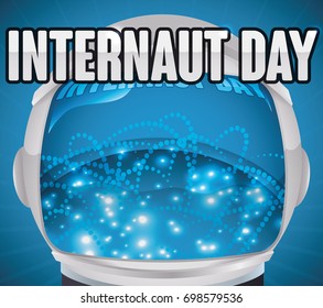 Poster with astronaut helmet reflecting the network connections of cyberspace for Internaut Day celebration.