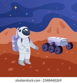 Poster with astronaut and Mars rover vector illustration. Cartoon drawing of person in spacesuit on surface of planet Mars. Space, exploration, astronomy, science, spacecraft concept