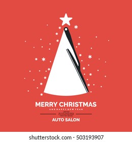 Poster for auto salon. Merry Christmas and Happy New Year, poster with the tree. Vector illustration