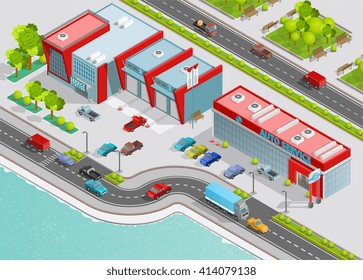 Poster of auto service composition with office garage technical service buildings on city quay isometric vector illustration