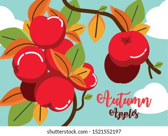 poster autumn with apples hanging of tree vector illustration design