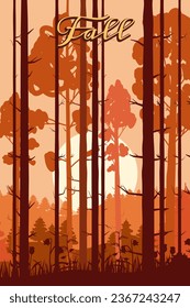 Poster Autumn forest, park landscape, sunset