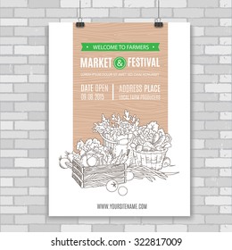 Poster with autumn harvest, vegetables and herbs. Perfect design for farm market advertising, farming industry and bio product business. Business identity for bio products and agricultural industry.