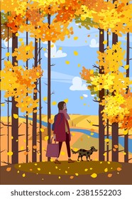 Afiche del paisaje otoñal. Mujer con abrigo otoñal caminando por el perro