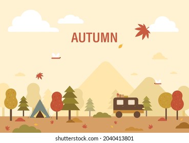 Poster of autumn nature background. Tent and camping in the forest. flat design style vector illustration.