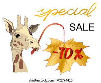 Poster in autumn or poster for autumn purchases. Giraffe keeps autumn leaves with text. Discounts for autumn orange design for promo poster. Vector illustration