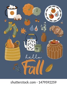 Poster of autumn vector illustration with hand lettering. Trendy color palette and black ink calligraphy. Cute typography elements.