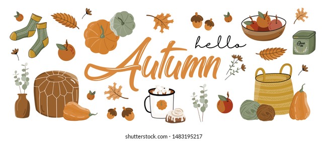 Poster of autumn vector illustration with hand lettering. Trendy color palette and black ink calligraphy. Cute typography elements.