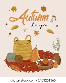 Poster of autumn vector illustration with hand lettering. Trendy color palette and black ink calligraphy. Cute typography elements.