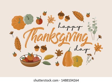 Poster of autumn vector illustration with hand lettering "Happy thanksgiving day". Trendy color palette and black ink calligraphy. Cute typography elements.