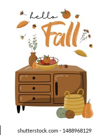 Poster of autumn vector illustration with hand lettering. Trendy color palette and black ink calligraphy. Cute typography elements.