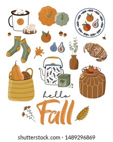 Poster of autumn vector illustration with hand lettering. Trendy color palette and black ink calligraphy. Cute typography elements.