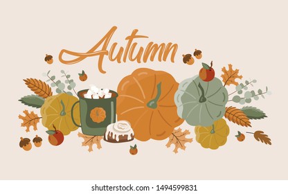 Poster of autumn vector illustration with hand lettering. Trendy color palette and black ink calligraphy. Cute typography elements.