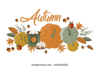Poster of autumn vector illustration with hand lettering. Trendy color palette and black ink calligraphy. Cute typography elements.