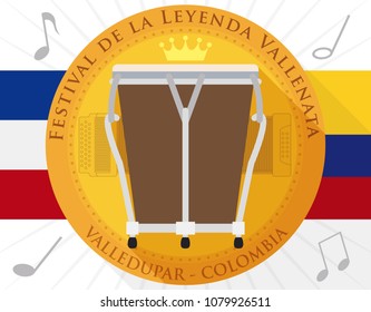 Poster with award golden medal with crown, caja vallenata drum, accordion outline, musical notes and the Colombia and Valledupar flags for Vallenato Legend Festival (written in Spanish).