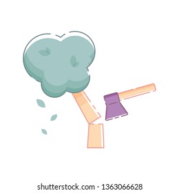 Poster with an ax cutting a tree. White background. Flat linear style illustration. Vector.