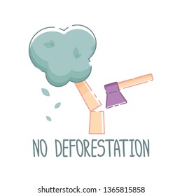 Poster with an ax cutting a tree. White background. Hand drawn lettering. Flat linear style illustration. Vector.