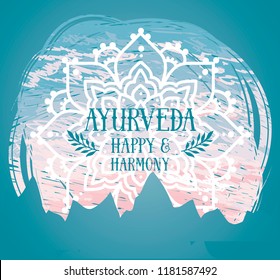 Poster for ayurveda with mandala ornament and hand drawn style sunrise landscape, can be used for yoga retreat or as indian welcome banner, vector illustration