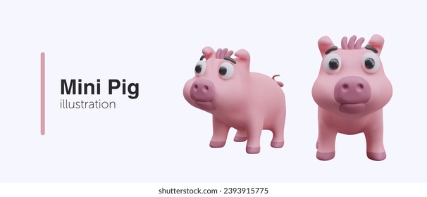 Poster with baby pink pig. Cute funny mini pig in different positions. Domestic farm game concept. Vector illustration in 3D style with place for text