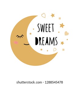 Poster for baby room with text Sweet Dreams for decorated cute hand drawn gold cartoon sleeping smoon star Positive phrase for baby shower design card banner cloth Childish golden vector illustratio