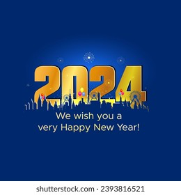 Poster and bacground of 2024 happy new year design with City skyline.