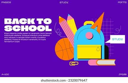 Poster back to school elements, backpack, stationery retro cartoon illustration groovy style