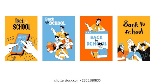 Poster Back to school in flat blue and yellow cartoon style. Illustration features vibrant yellow and blue hues, enhancing back to school posters with a dynamic cartoon design. Vector illustration.