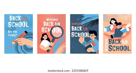 Poster Back to school in flat red and blue cartoon style. Playful red and blue color palette complements the design in this lively back to school illustration for four posters. Vector illustration.