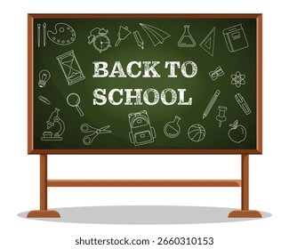 Das Poster Back to School wurde auf einer Tafel geschrieben. Schulsachen im Doodle-Stil. Buch, Schere, Apfel, Mikroskop, Rucksack, Bleistift, Glocke, Wecker, Lampe, Lupe, Lineal, 