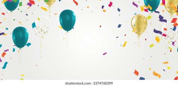 Poster background with colorful balloons and confetti on birthday template