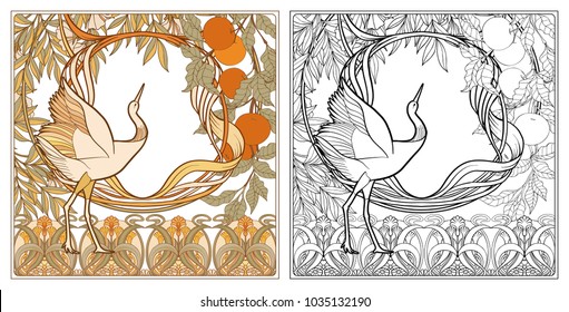 Poster, background with decorative flowers and bird in art nouveau style, vintage, old, retro style. Outline coloring page for the adult coloring book with colored sample
Stock vector illustration.