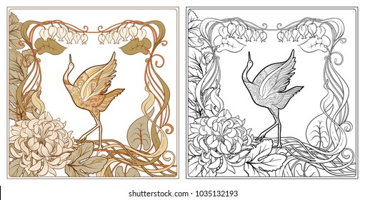 Poster, background with decorative flowers and bird in art nouveau style, vintage, old, retro style. Outline coloring page for the adult coloring book with colored sample
Stock vector illustration.