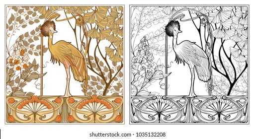 Poster, background with decorative flowers and bird in art nouveau style, vintage, old, retro style. Outline coloring page for the adult coloring book with colored sample
Stock vector illustration.