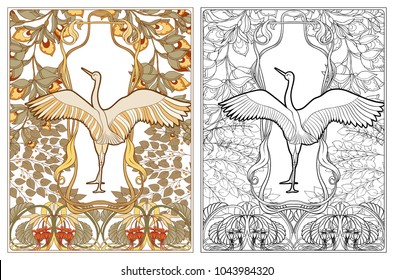 Poster, background with decorative flowers and bird in art nouveau style, vintage, old, retro style. Outline coloring page for the adult coloring book with colored sample
Stock vector illustration.