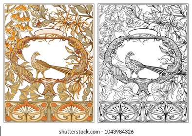 Poster, background with decorative flowers and bird in art nouveau style, vintage, old, retro style. Outline coloring page for the adult coloring book with colored sample
Stock vector illustration.