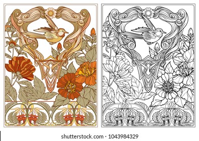 Poster, background with decorative flowers and bird in art nouveau style, vintage, old, retro style. Outline coloring page for the adult coloring book with colored sample
Stock vector illustration.