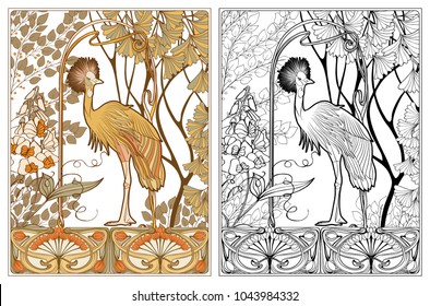 Poster, background with decorative flowers and bird in art nouveau style, vintage, old, retro style. Outline coloring page for the adult coloring book with colored sample
Stock vector illustration.